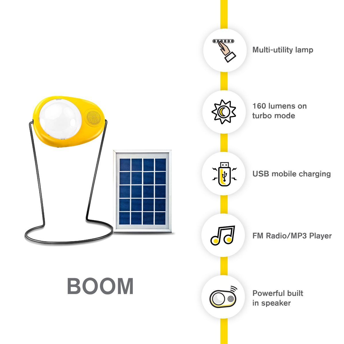 Boom 3 In 1 Solar Lamp With Radio & USB Charging - Yellow