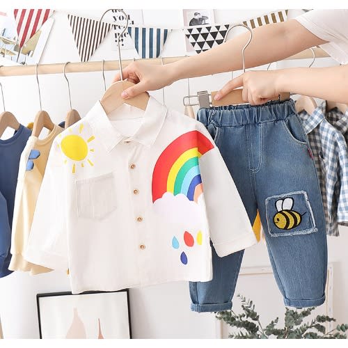 Rainbow Shirt With Jeans For Boys - White & Blue