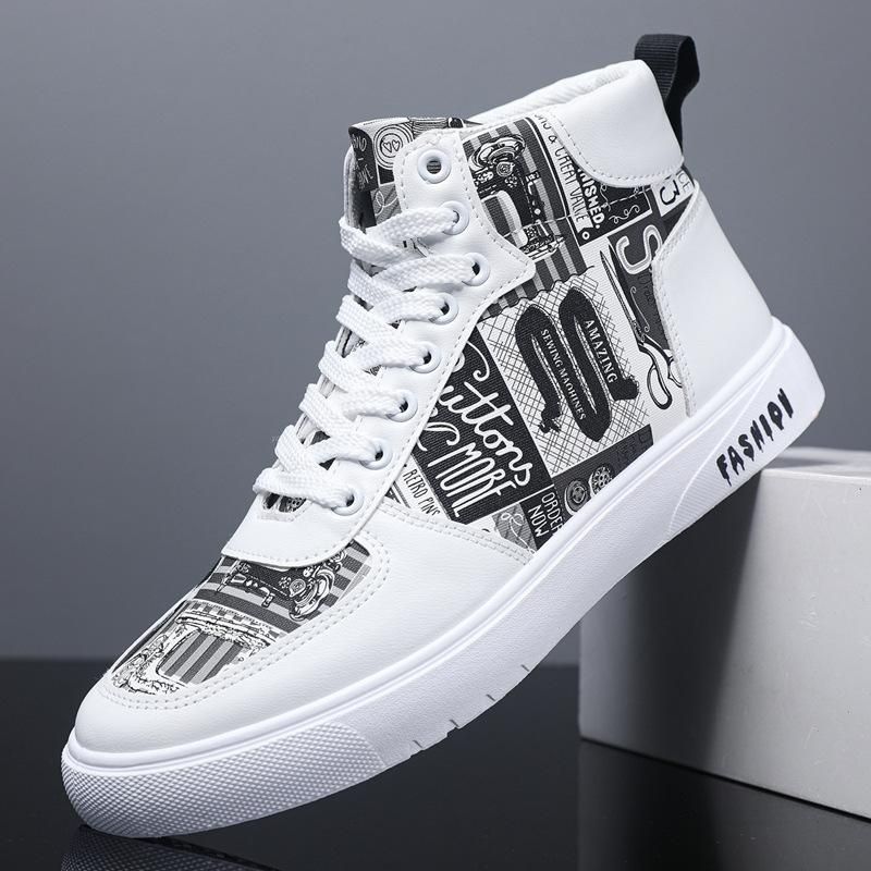 Size(39-46) Plus size men's sneakers high top graffiti sneakers White Black