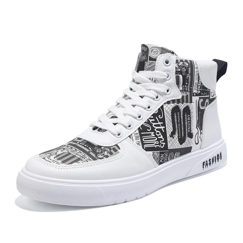 Size(39-46) Plus size men's sneakers high top graffiti sneakers White Black