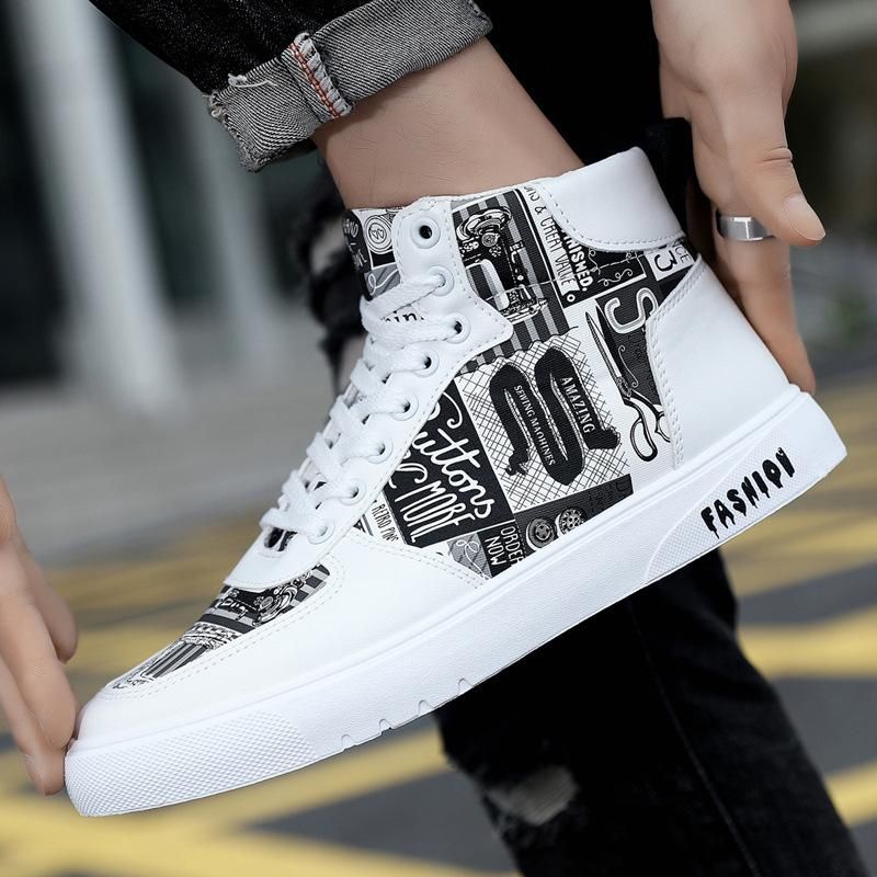 Size(39-46) Plus size men's sneakers high top graffiti sneakers White Black