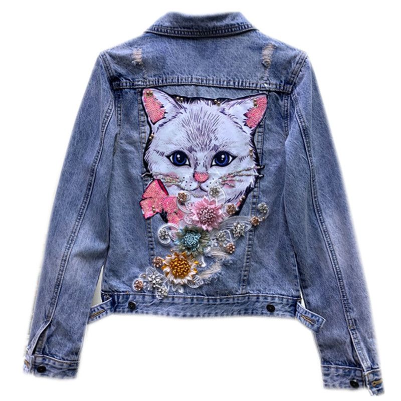 O11 BlueO Cat Embroidery Flower Ladies Jean Jacket