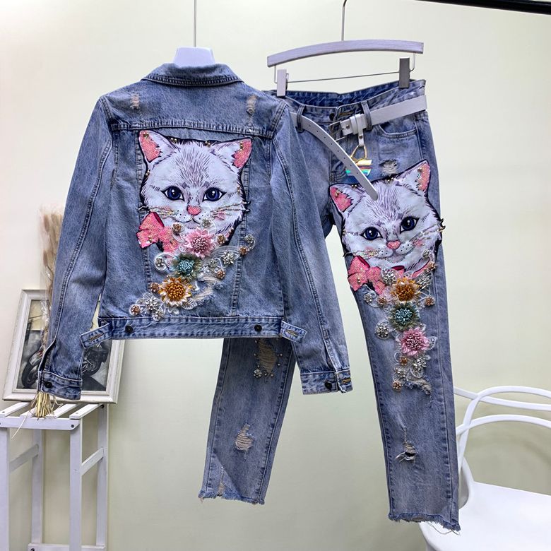 O11 BlueO Cat Embroidery Flower Ladies Jean Jacket