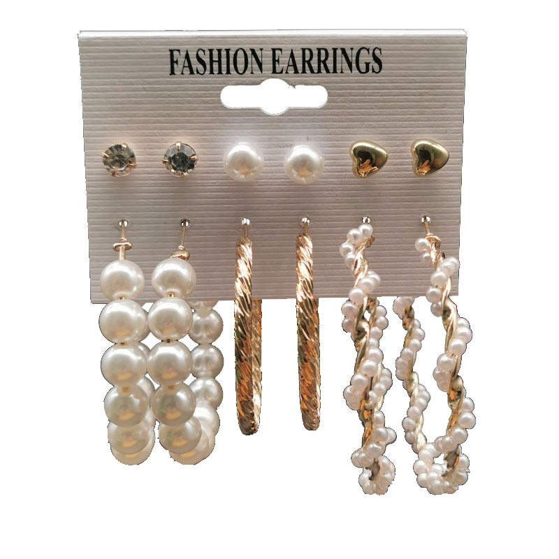 Fashion Hoop Earrings Pearl Peach Heart Earrings 6 Pairs Of Plate Earrings Set