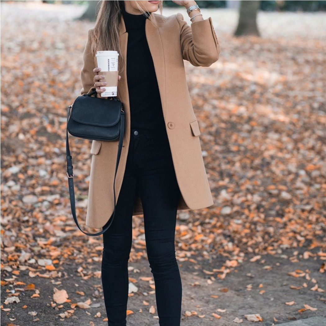 Women Trench Long Coat Winter Spring Lapel Long Sleeve Coats Office Ladies Solid Slim Overcoat Outwear