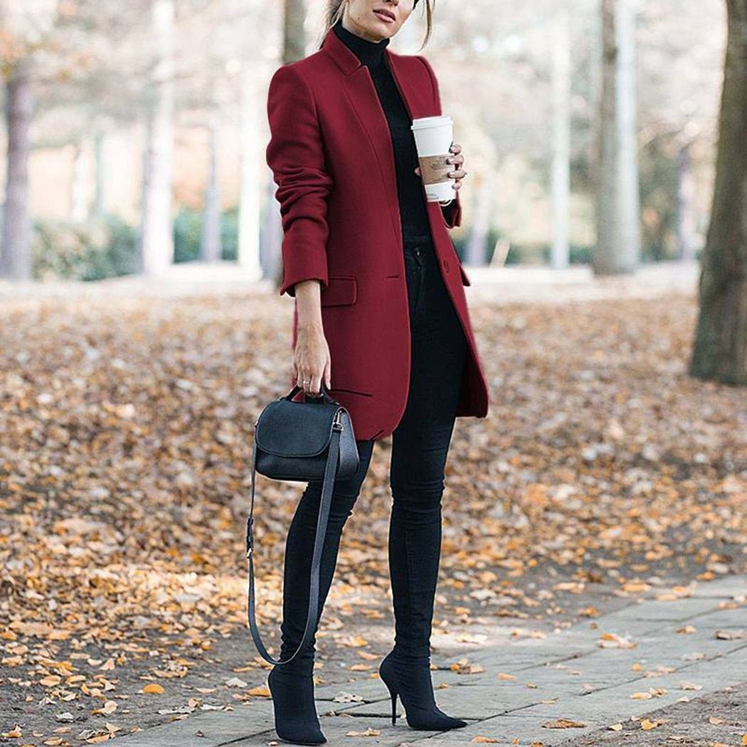 Women Trench Long Coat Winter Spring Lapel Long Sleeve Coats Office Ladies Solid Slim Overcoat Outwear