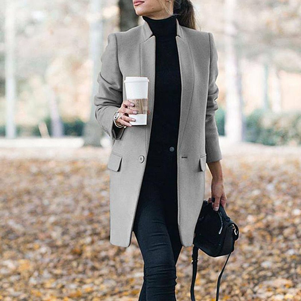 Women Trench Long Coat Winter Spring Lapel Long Sleeve Coats Office Ladies Solid Slim Overcoat Outwear