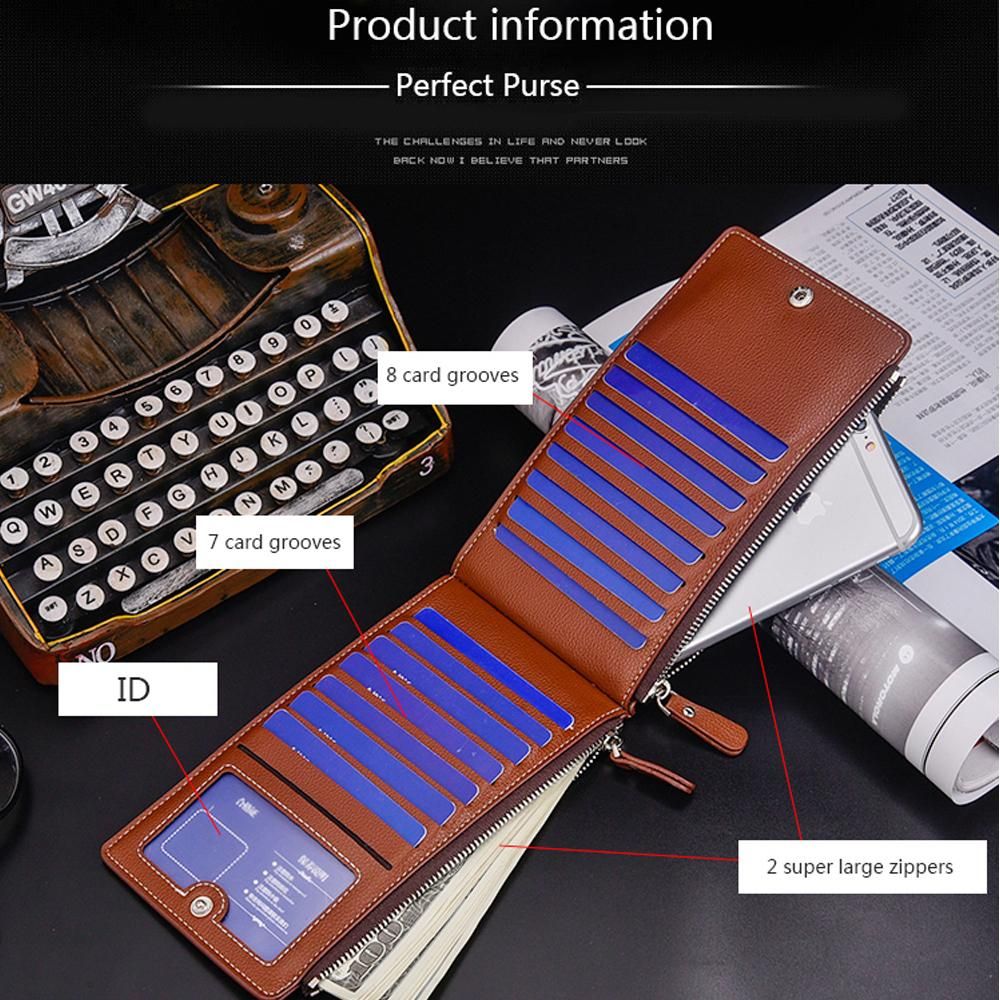 Large Capacity PU Leather Man Teenager Double Zipper Credit Card Cash Coin Pocket Wallet