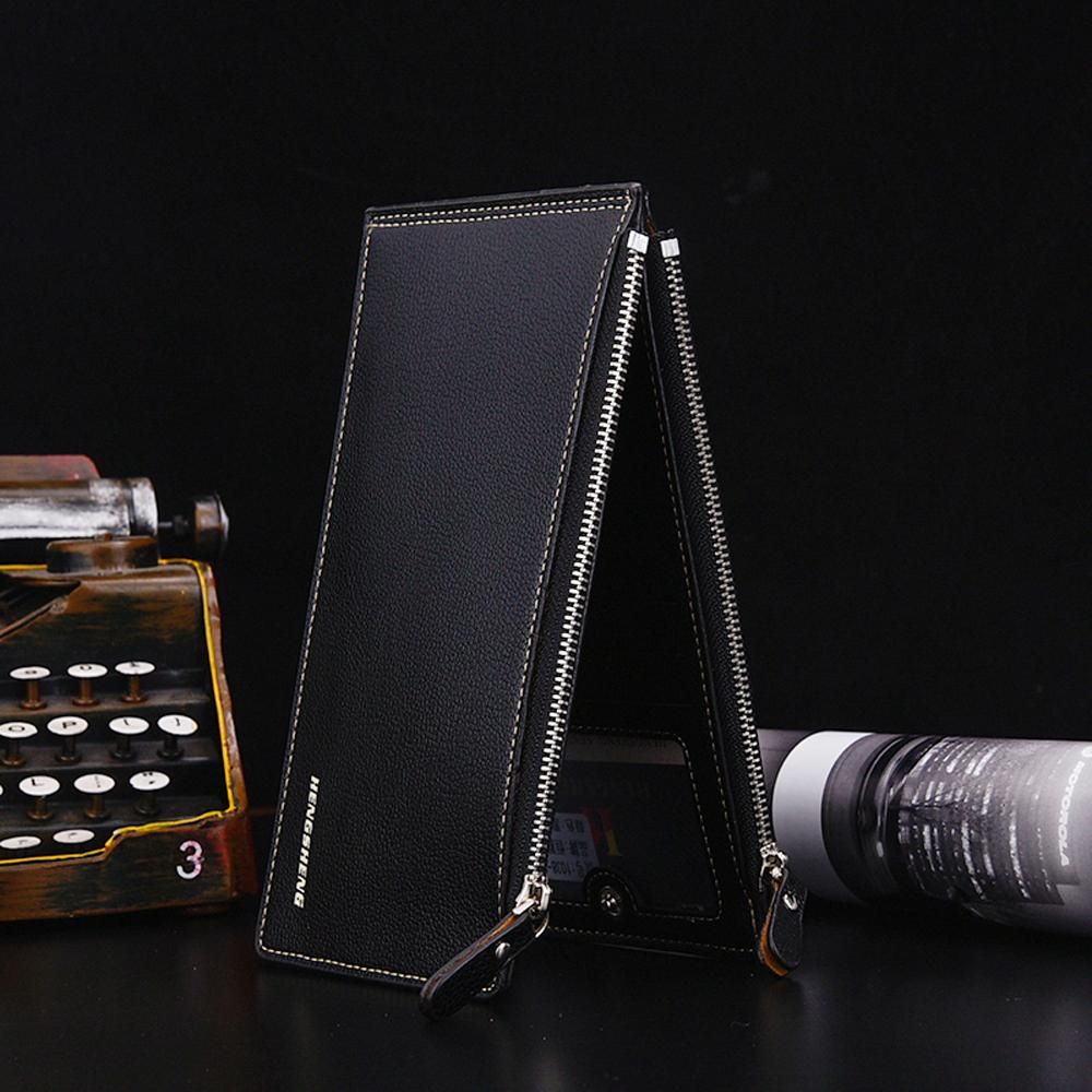 Large Capacity PU Leather Man Teenager Double Zipper Credit Card Cash Coin Pocket Wallet