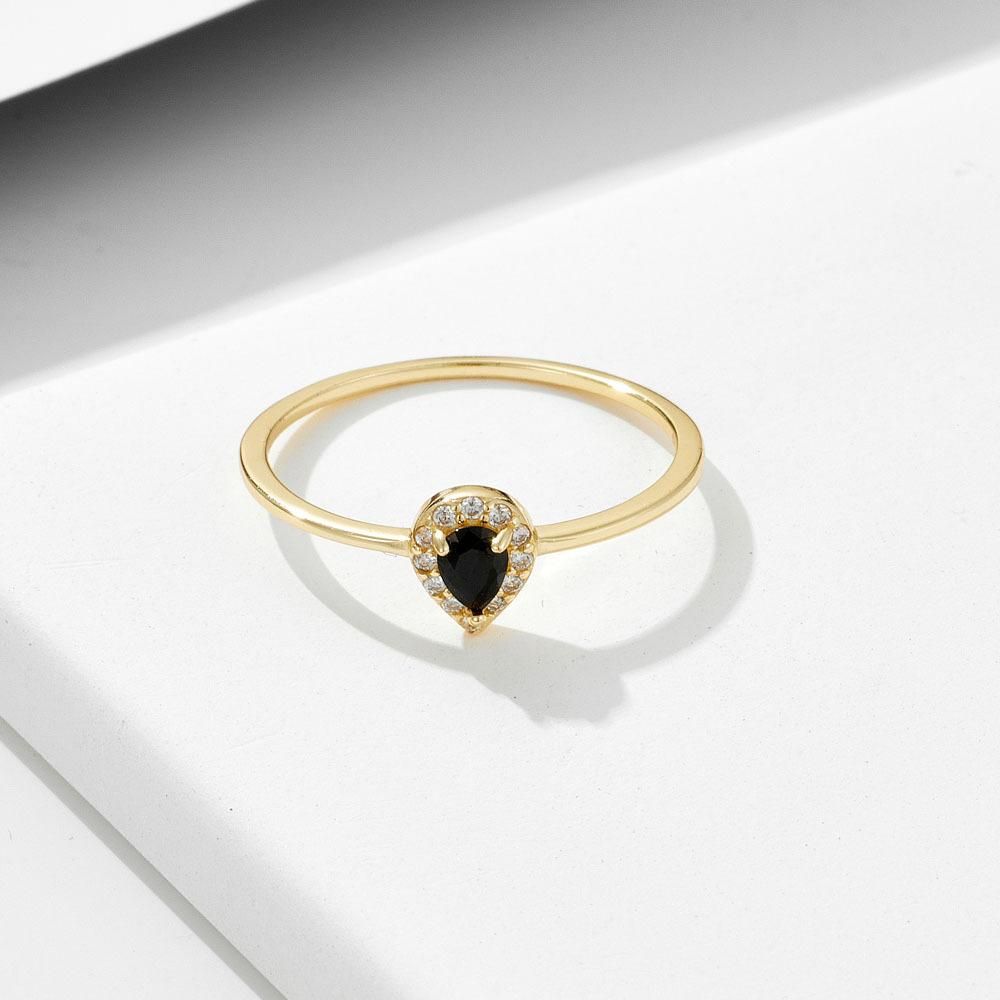 Water Drop Black Zircon Ring with Diamond Tail for Women