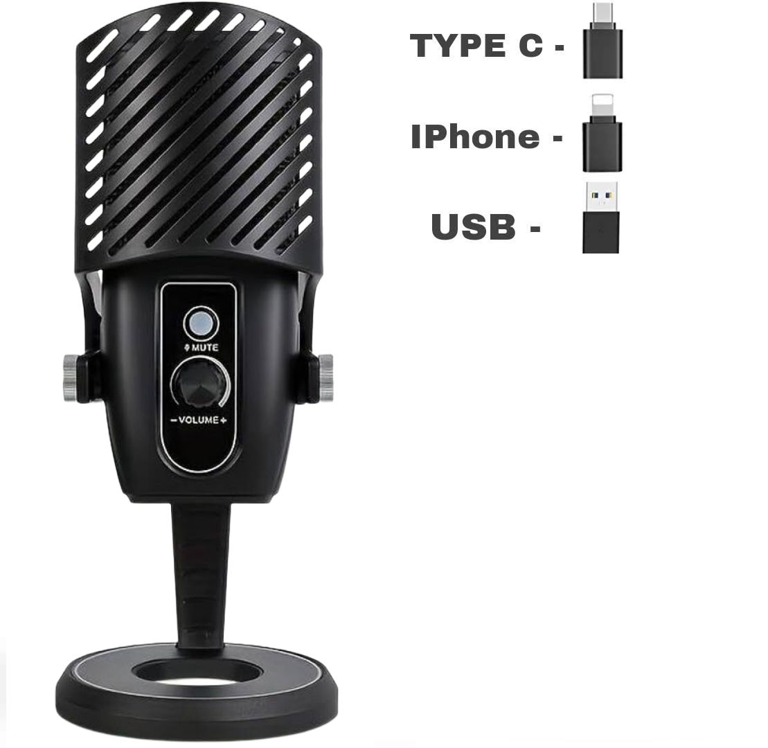 Podcast Microphone Condenser Audio Video Gaming Recording Laptop Computer USB Mic + Type C & Iphone Adapter