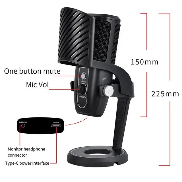 Podcast Microphone Condenser Audio Video Gaming Recording Laptop Computer USB Mic + Type C & Iphone Adapter