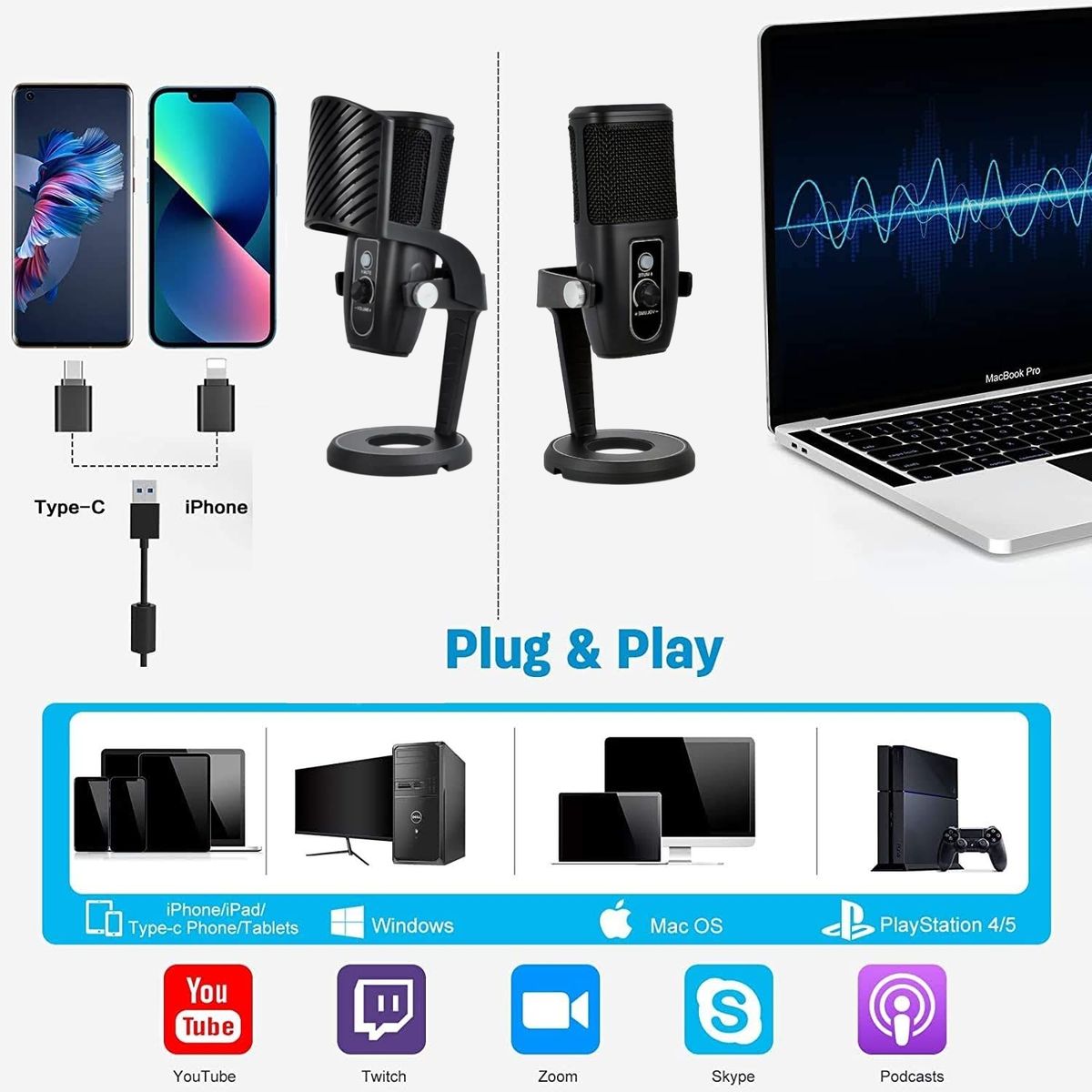 Podcast Microphone Condenser Audio Video Gaming Recording Laptop Computer USB Mic + Type C & Iphone Adapter