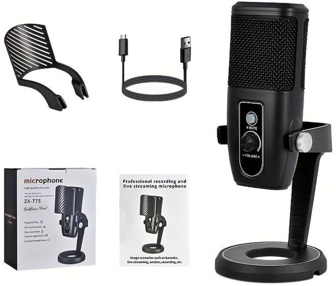 Podcast Microphone Condenser Audio Video Gaming Recording Laptop Computer USB Mic + Type C & Iphone Adapter