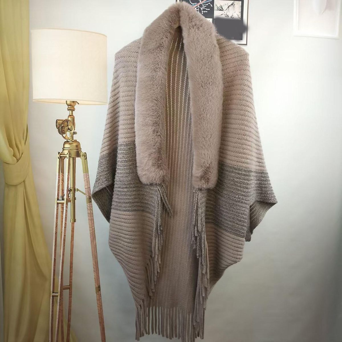 Women Shawl Cozy Chic Knitted Plush Tassel Cardigan for Parties Light Coffee