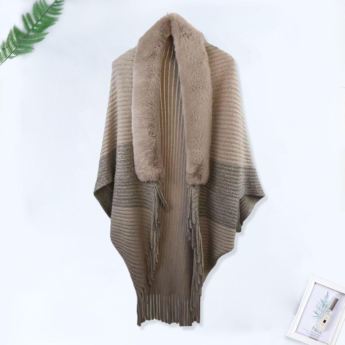 Women Shawl Cozy Chic Knitted Plush Tassel Cardigan for Parties Light Coffee