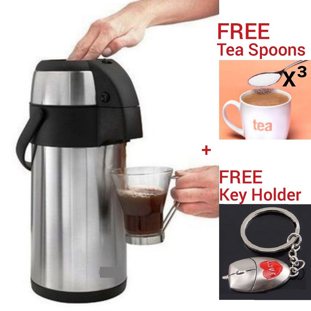 Executive Office Home Double Wall Tea Coffee Water Hot/Cold Airpot Flask Urn + Free Tea Spoons(3) + Key Holder