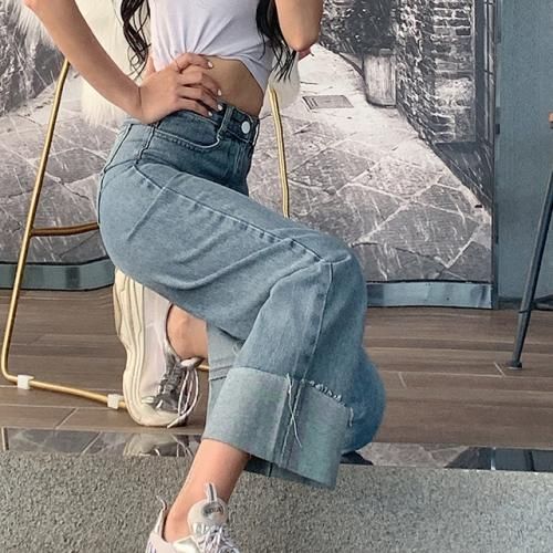 Ladies Jeans Fashion High Waist Straight Pants-Light Blue L