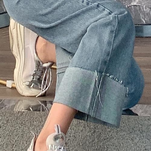 Ladies Jeans Fashion High Waist Straight Pants-Light Blue L