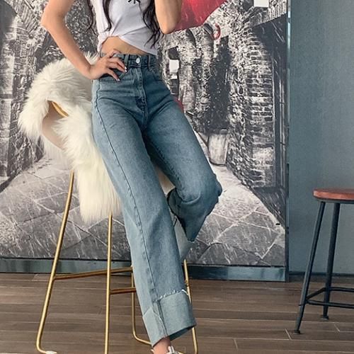 Ladies Jeans Fashion High Waist Straight Pants-Light Blue L