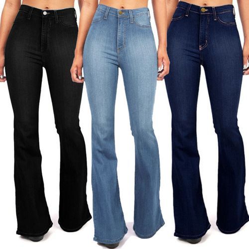 Women Cotton Casual Wide Leg Denim Trousers Slim Lady High-waisted Jeans