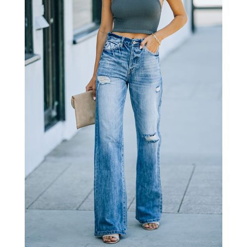 Women Hole Slim Wide Leg Denim Trousers Lady Jeans