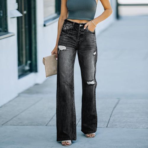 Women Hole Slim Wide Leg Denim Trousers Lady Jeans