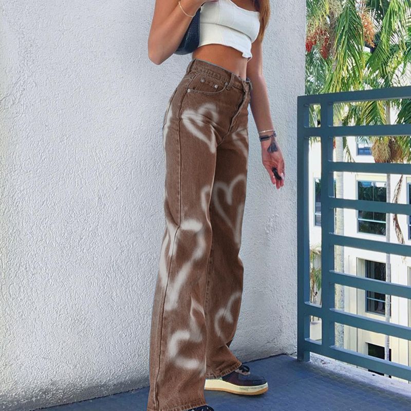 (Pink)Sunny Y.j. Brown Baggy Girl Jeans Women Heart Print New Aesthetic Vintage 90s Streetwear Denim Trousers Low Waist Straight Pants ACU