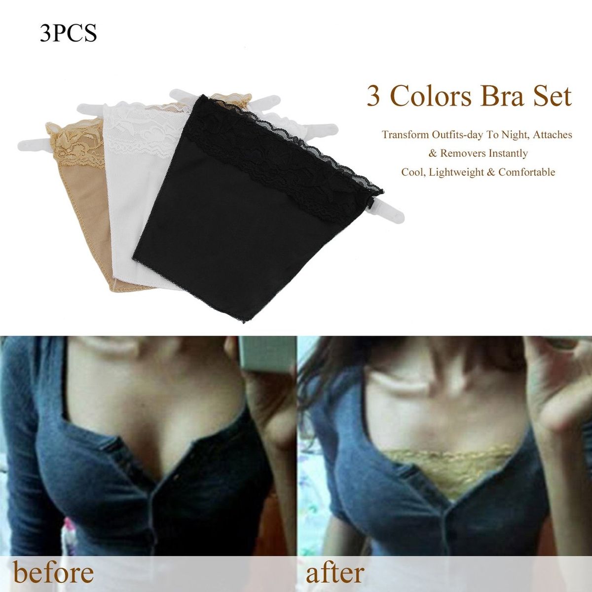 TB Seamless Quick Easy Bra Lace Clip On Mock Camisoles 3 Colors Packed Set Skin Color