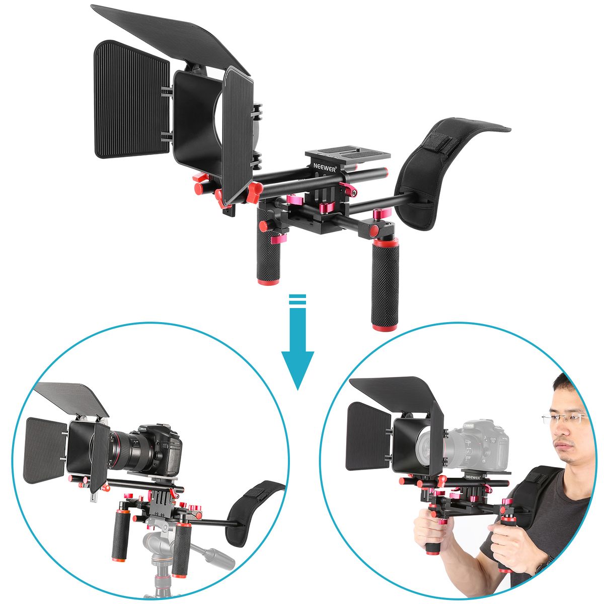Camera Shoulder Rig, Video Film Making System Kit For DSLR Camera And Camcorder With Shoulder Mount, 15mm Rod, Handgrip And Matte Box, Compatible With Canon/Nikon/Sony, Etc (Red + Black)