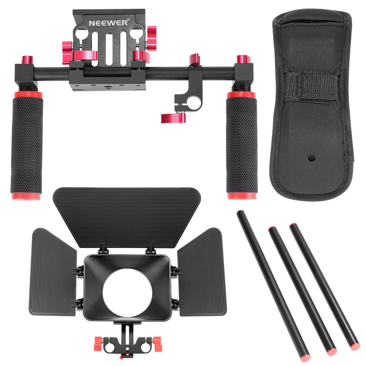 Camera Shoulder Rig, Video Film Making System Kit For DSLR Camera And Camcorder With Shoulder Mount, 15mm Rod, Handgrip And Matte Box, Compatible With Canon/Nikon/Sony, Etc (Red + Black)