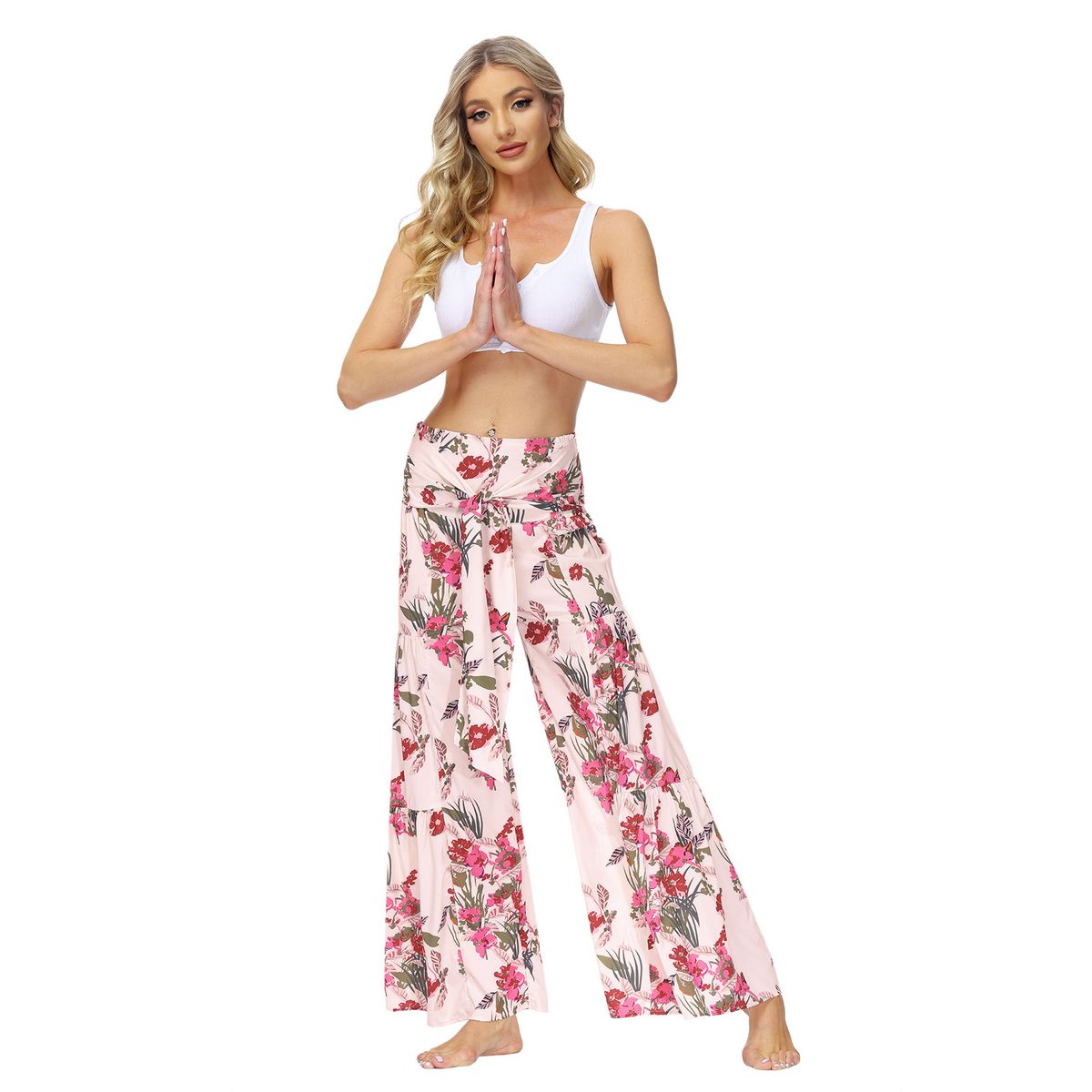 Ladies Beach Wide Leg Pants Tie Pants Digital Printing Loose Casual Pants -Pink
