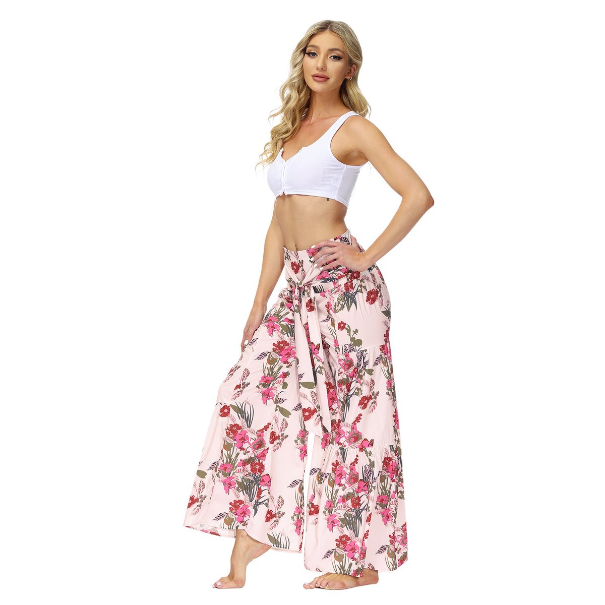 Ladies Beach Wide Leg Pants Tie Pants Digital Printing Loose Casual Pants -Pink