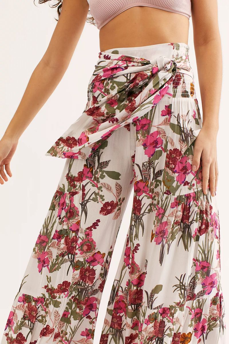 Ladies Beach Wide Leg Pants Tie Pants Digital Printing Loose Casual Pants -Pink