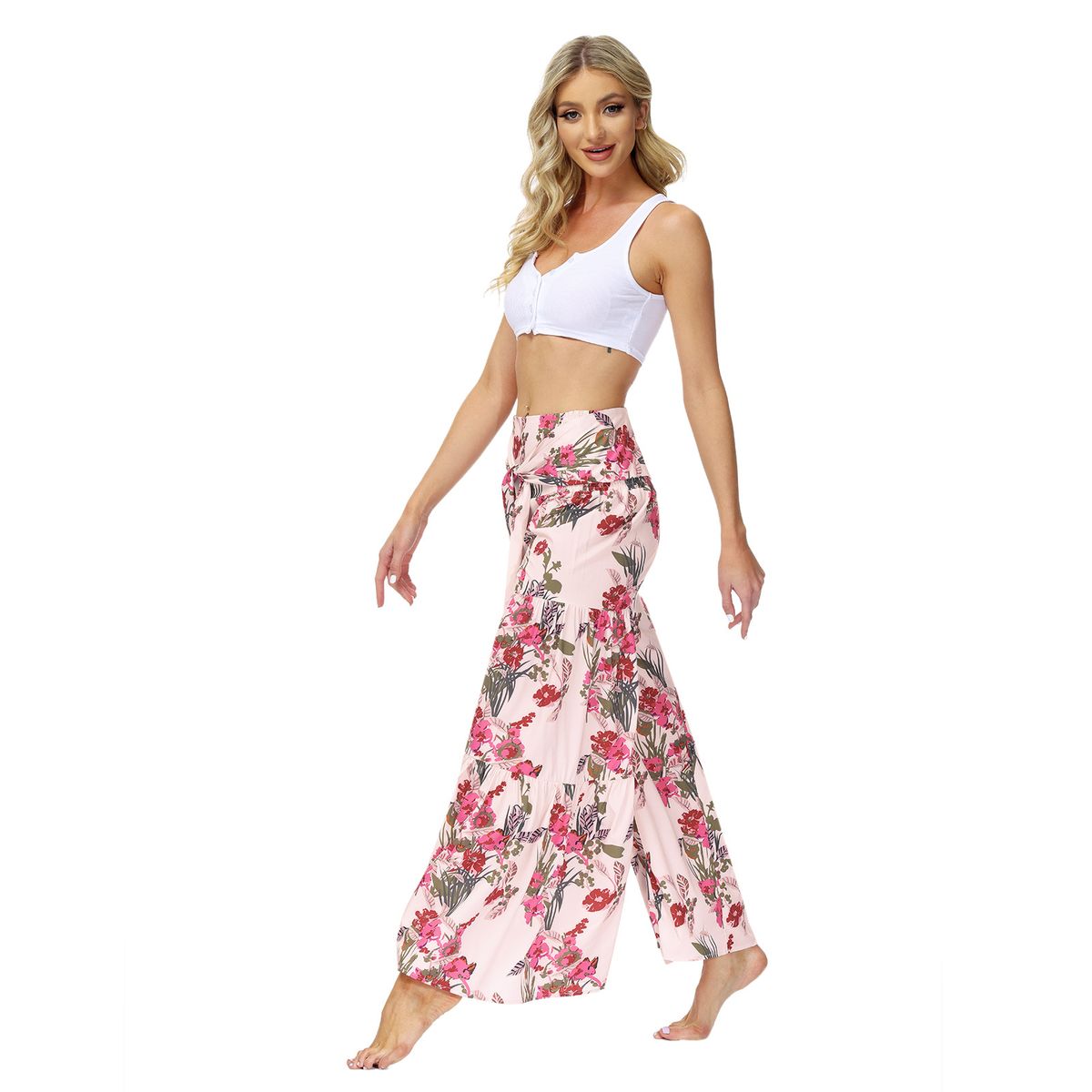 Ladies Beach Wide Leg Pants Tie Pants Digital Printing Loose Casual Pants -Pink