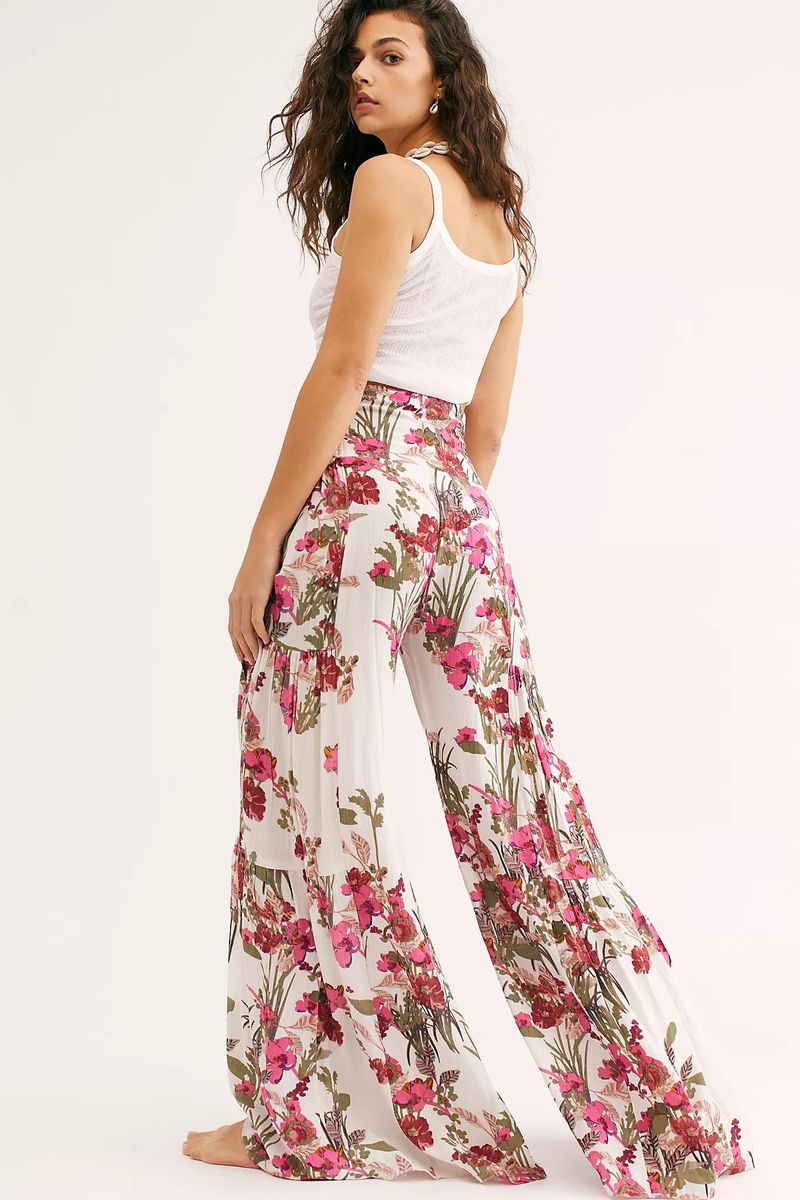 Ladies Beach Wide Leg Pants Tie Pants Digital Printing Loose Casual Pants -Pink