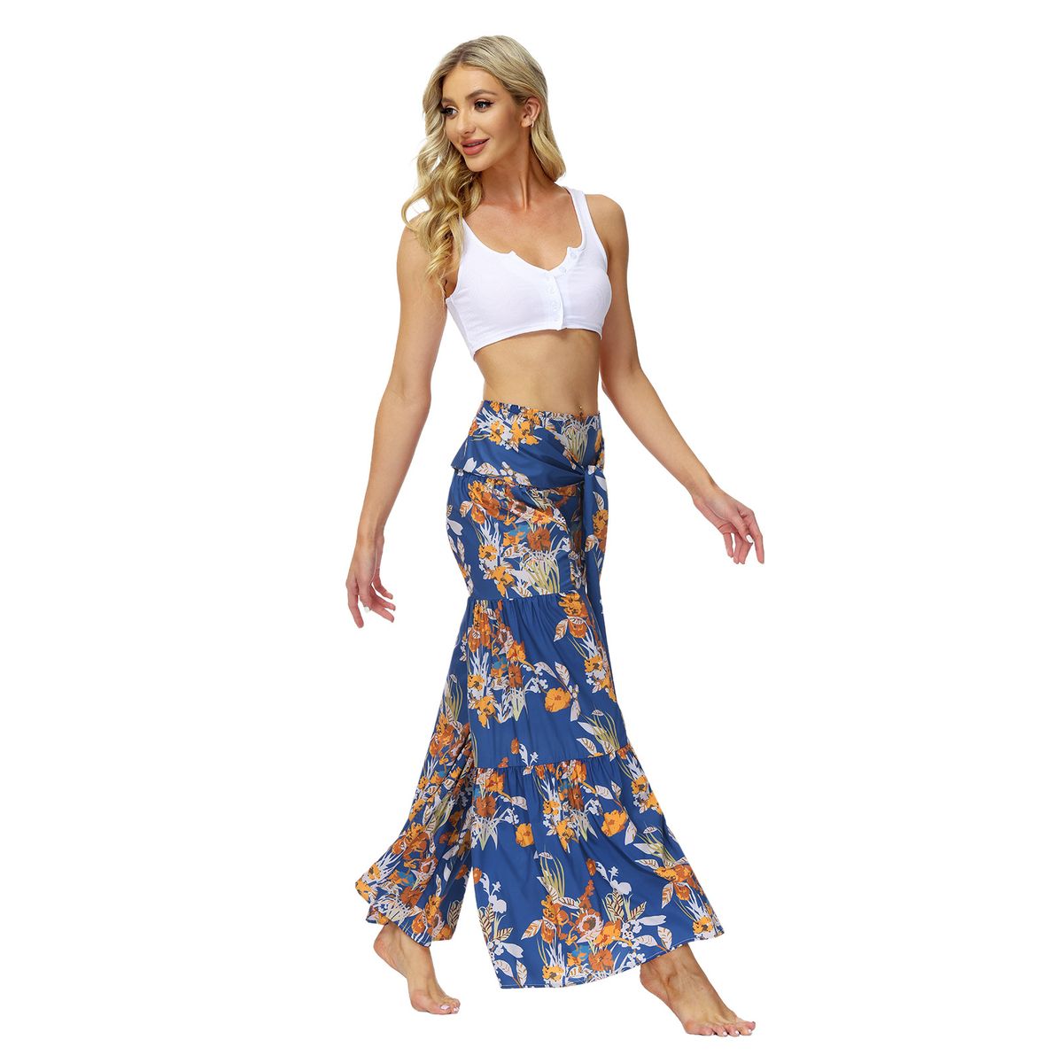 Ladies Elegant And Loose Trousers Beach Pants - Blue