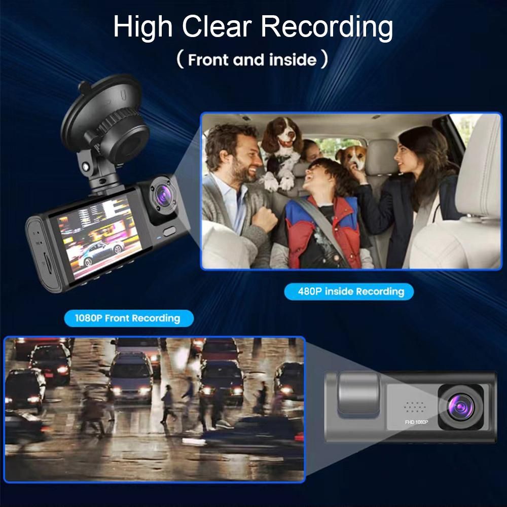 1080P DVR Dash Camera Front & Inside & Rear Camera Driving Recorder 2 Inch Screen Dashcam Support Night-Vision Loop Recording One-Key Lock