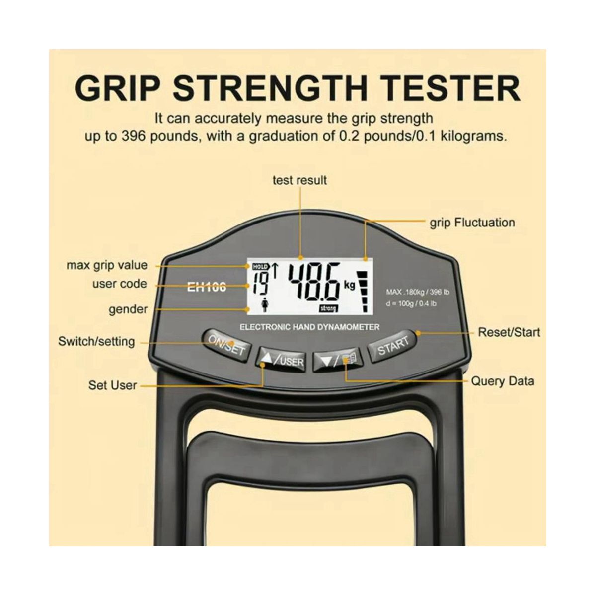 Grip Strength Tester396Lbs180Kg Digital Hand Dynamometer Grip Strength Meter USB LCD Screen Hand Grip Dynamometer