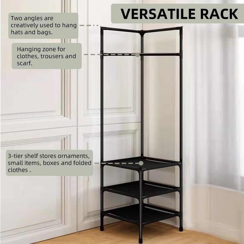 Corner Garment Rack Industrial Hall Tree Corner Organizer with 3-Tier Shelf for Bedroom Laundry Room Entryway Living Room Office Black