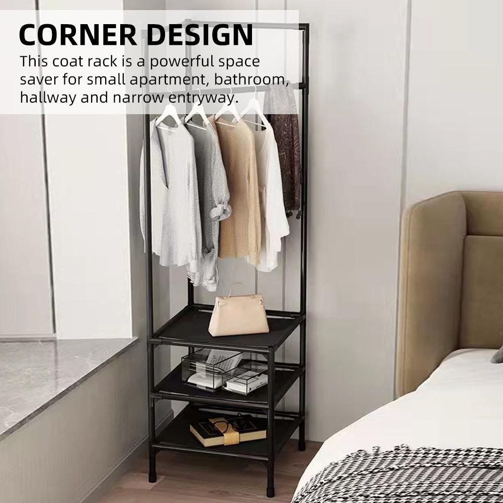 Corner Garment Rack Industrial Hall Tree Corner Organizer with 3-Tier Shelf for Bedroom Laundry Room Entryway Living Room Office Black