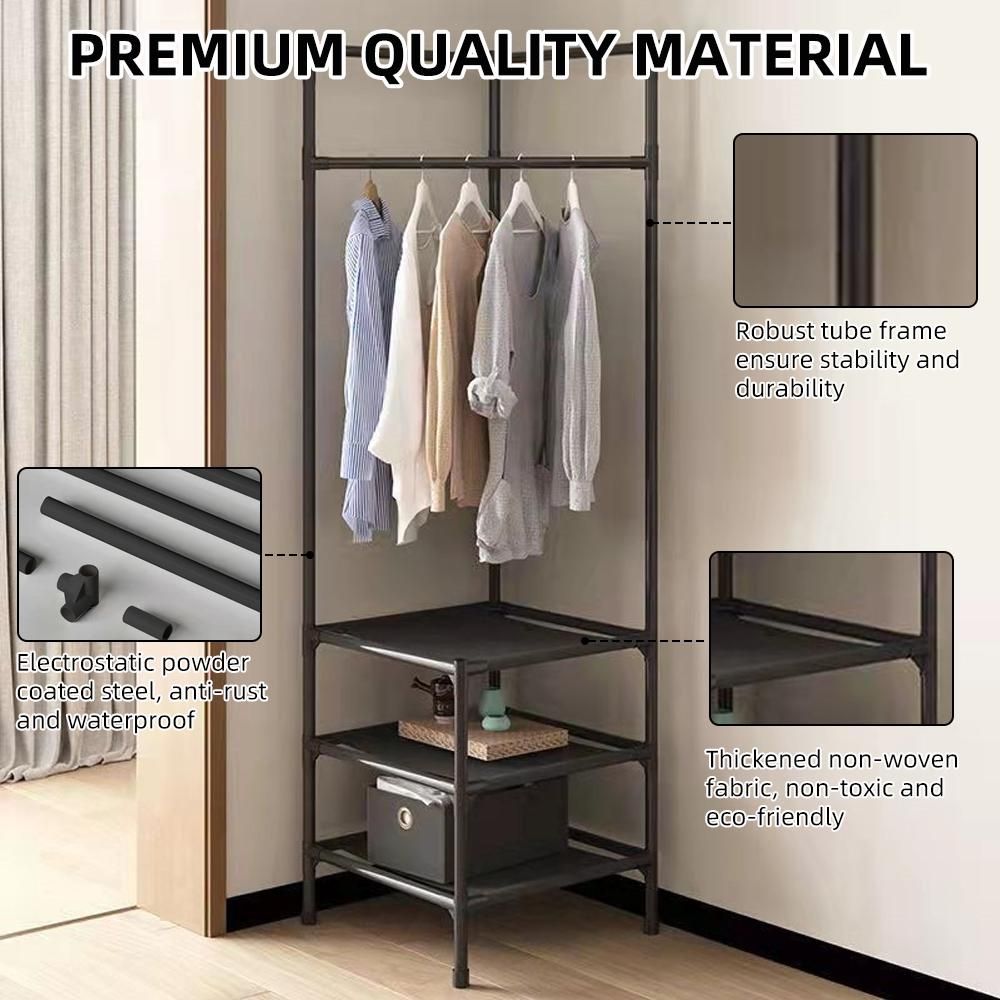 Corner Garment Rack Industrial Hall Tree Corner Organizer with 3-Tier Shelf for Bedroom Laundry Room Entryway Living Room Office Black