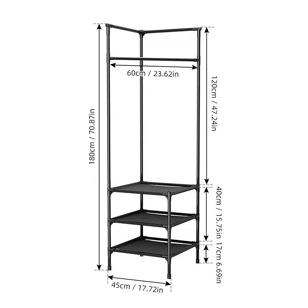 Corner Garment Rack Industrial Hall Tree Corner Organizer with 3-Tier Shelf for Bedroom Laundry Room Entryway Living Room Office Black