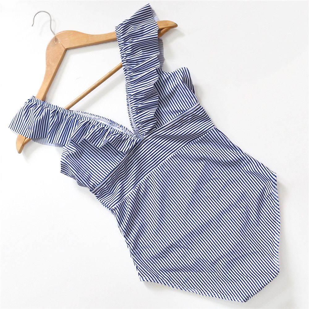 Female Sexy Retro V Neck Blue Striped Swimsuit One Piece Ruffled High Waist Swimwear