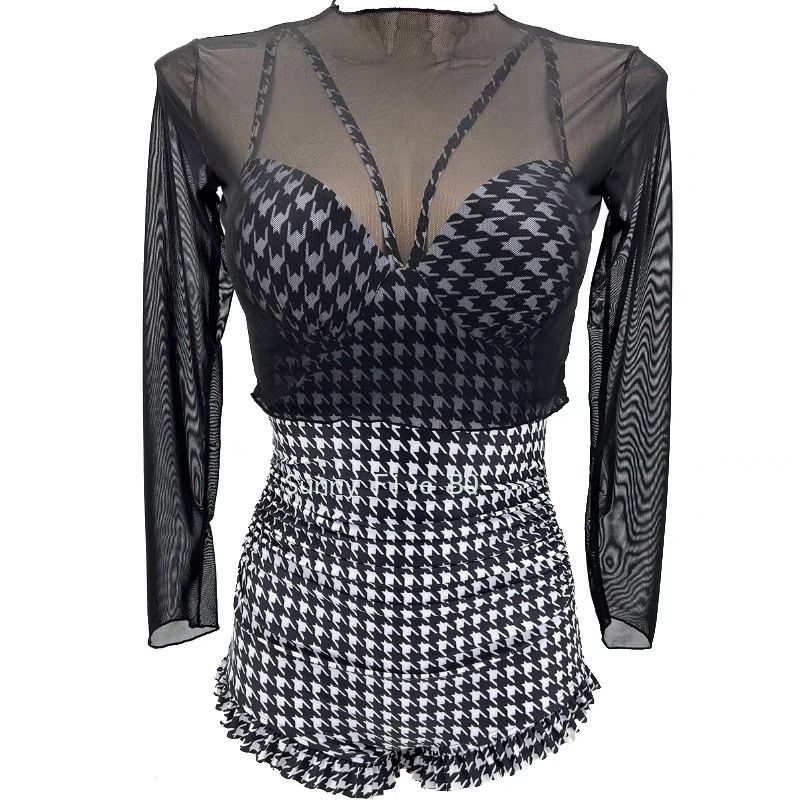 (Black)One Piece Swimsuit Women Long Sleeve 2piece Plaid Fashion Swimwear Women