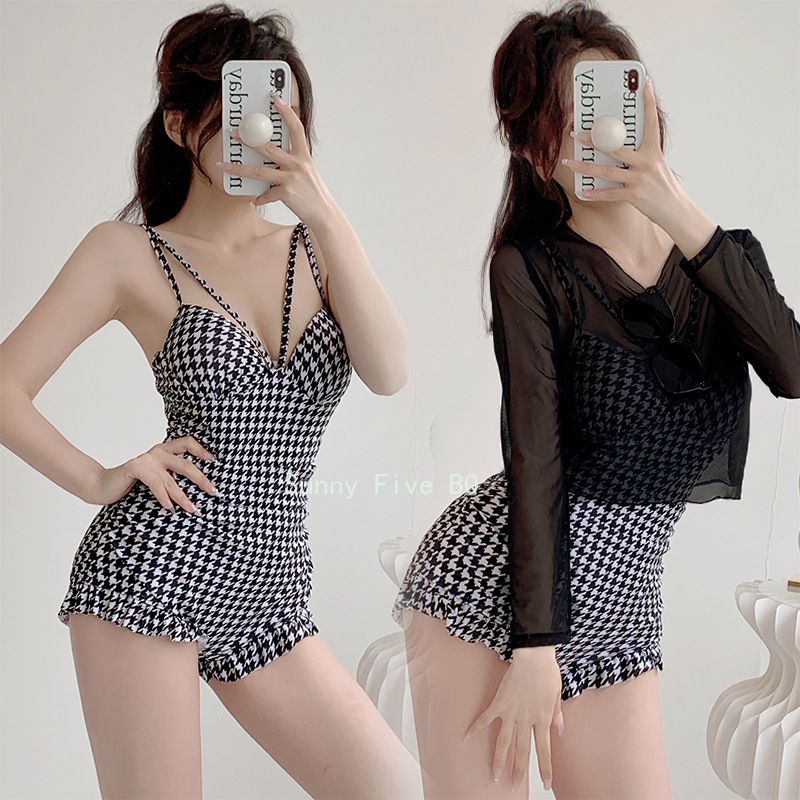 (Black)One Piece Swimsuit Women Long Sleeve 2piece Plaid Fashion Swimwear Women