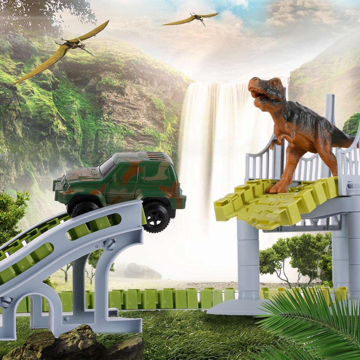 Dinosaur World Race Car Track Flexible Assembly 144 Piece