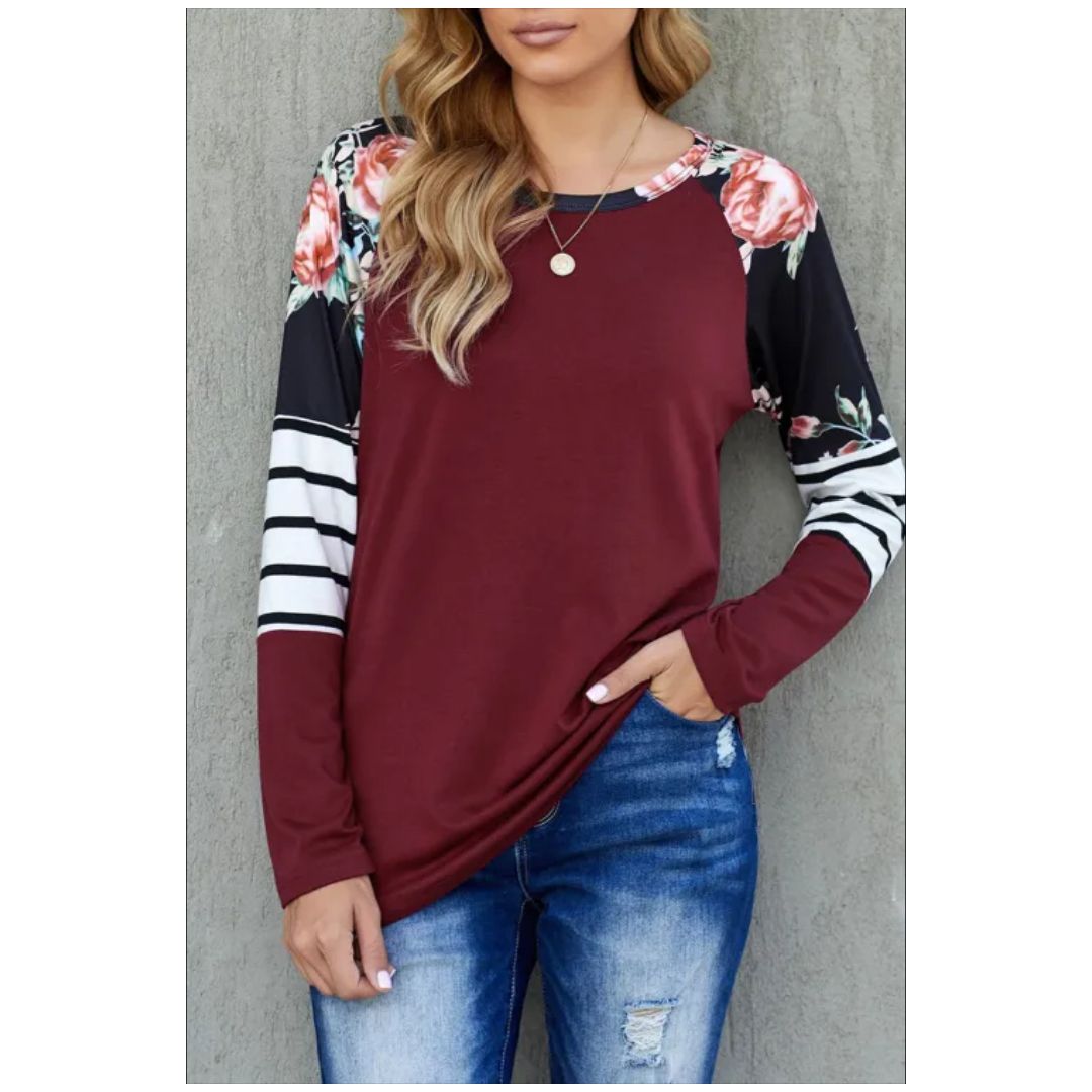 Mfed Red Striped Floral Long Sleeve Top