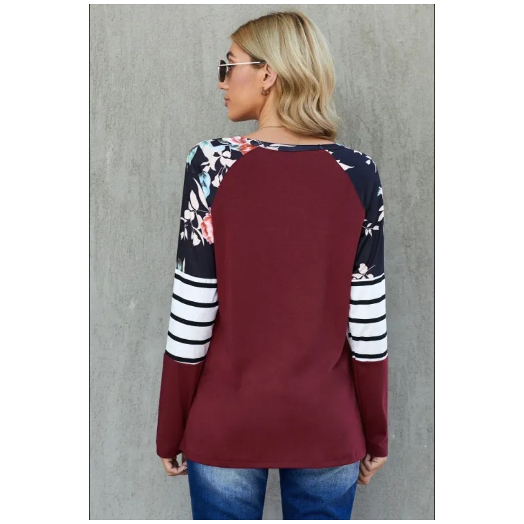 Mfed Red Striped Floral Long Sleeve Top