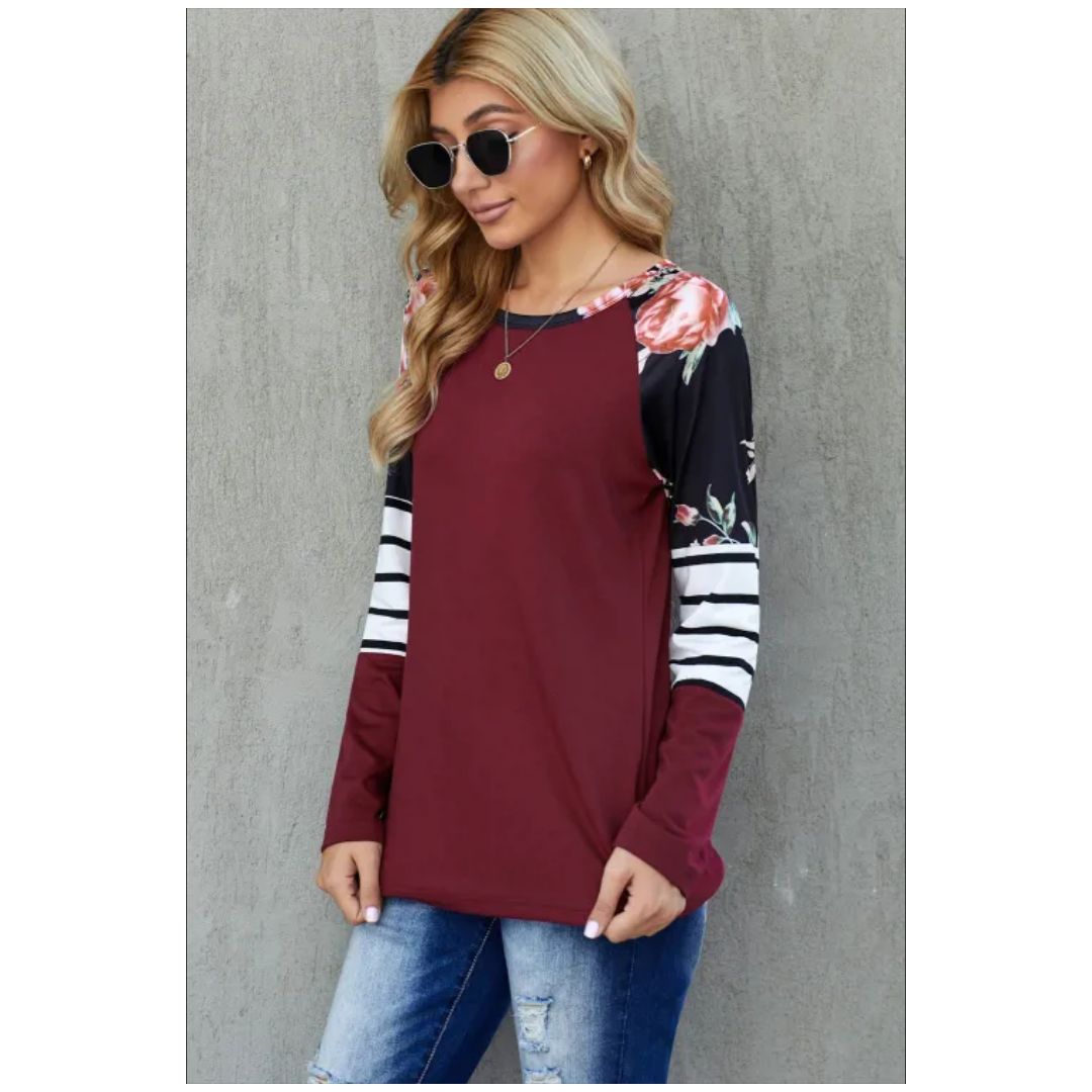 Mfed Red Striped Floral Long Sleeve Top